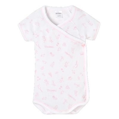 Kurzarm-Wickelbody weiss mit rosa Muster (Schiesser) Gr. 56 (1 Mt)